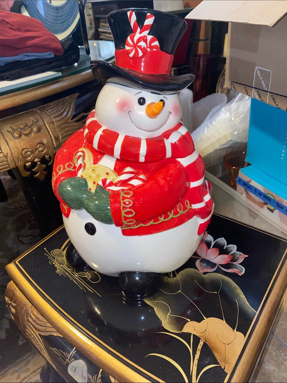 Fitz and Floyd Red, White and Black Festive Snowman Ceramic Cookie Jar - Picture 11 of 11